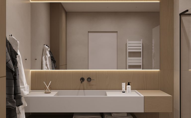 Wnętrze łazienki w stylu japandi i minimalistycznym z drewnianymi akcentami.