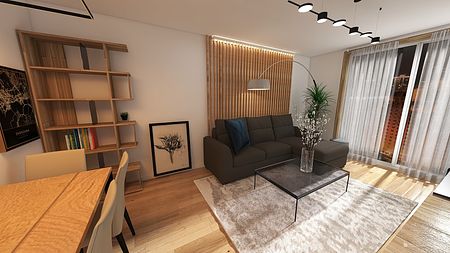 Wnętrze salonu w stylu eklektycznym z minimalistycznym wystrojem, nowoczesnymi meblami i skandynawskim akcentem.