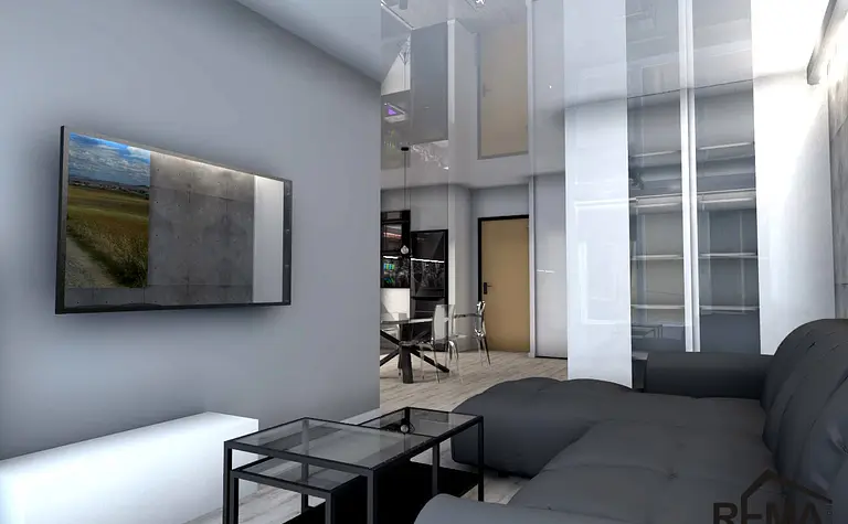 Nowoczesny salon z szarymi ścianami i czarnymi akcentami, styl industrialny i minimalistyczny.
