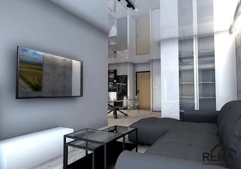 Nowoczesny salon z szarymi ścianami i czarnymi akcentami, styl industrialny i minimalistyczny.