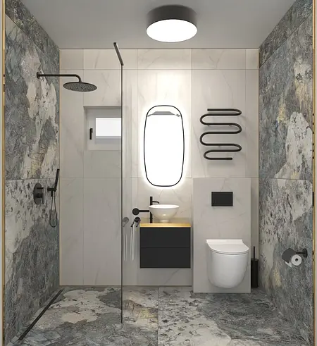Wnętrze łazienki z kamieniem, minimalizm, industrialne, soft minimalizm, dopamine decor