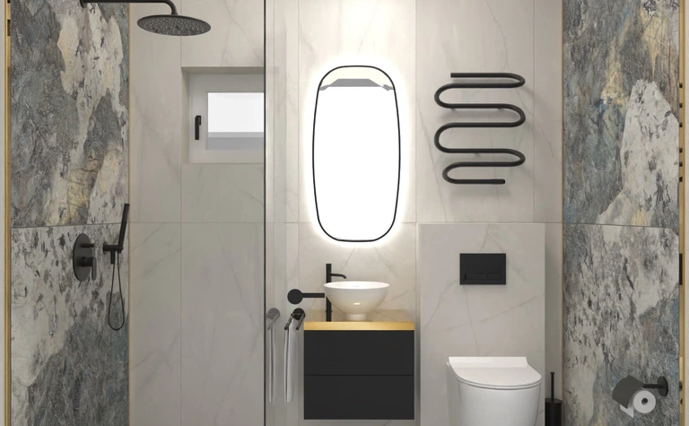 Wnętrze łazienki z kamieniem, minimalizm, industrialne, soft minimalizm, dopamine decor