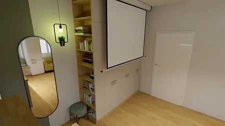 Wnętrze boho z regałem, projekcją i vintage akcentami.