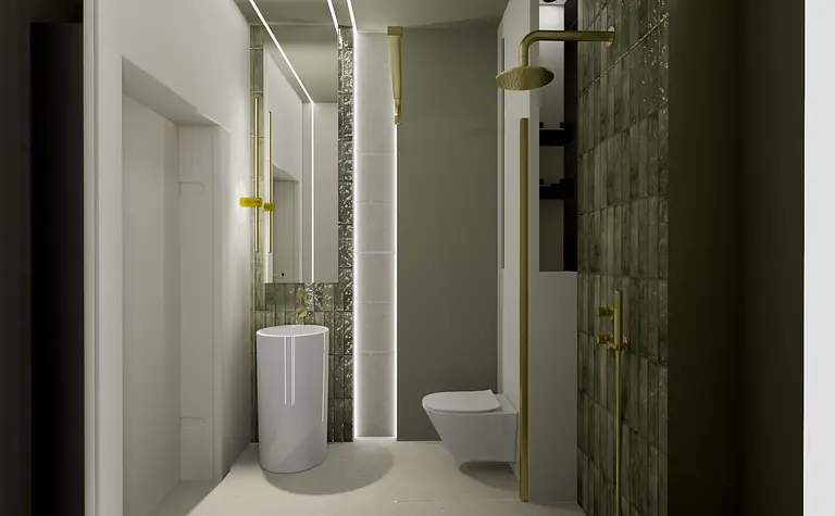 Nowoczesna łazienka z białą umywalką, złotymi detalami i zielonymi płytkami, styl boho, minimalizm.