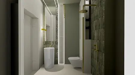Nowoczesna łazienka z białą umywalką, złotymi detalami i zielonymi płytkami, styl boho, minimalizm.