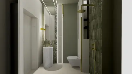 Nowoczesna łazienka z białą umywalką, złotymi detalami i zielonymi płytkami, styl boho, minimalizm.