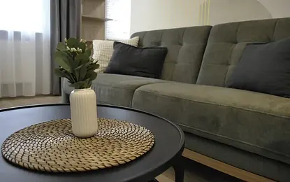 Wnętrze salonu w stylu minimalistycznym z zieloną sofą i czarnym stolikiem.