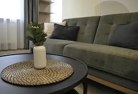 Wnętrze salonu w stylu minimalistycznym z zieloną sofą i czarnym stolikiem.