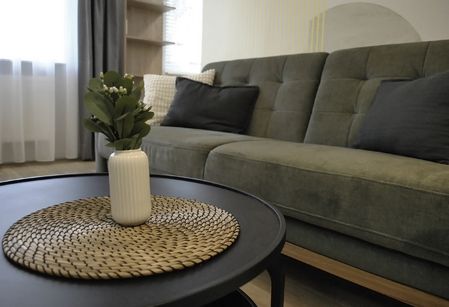 Wnętrze salonu w stylu minimalistycznym z zieloną sofą i czarnym stolikiem.
