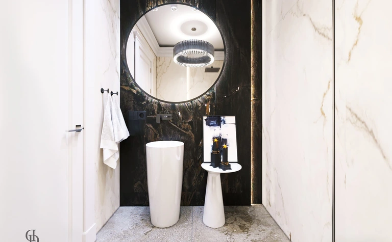 Nowoczesna łazienka z elementami glamour i quiet luxury.