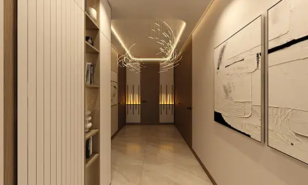Przedpokój w stylu japandi z nowoczesnym oświetleniem i drewnianymi detalami.