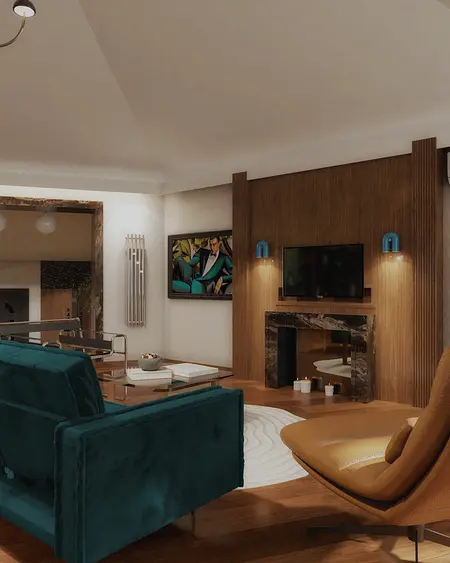 Wnętrze salonu w stylu art deco z niebieską sofą i kominkiem.