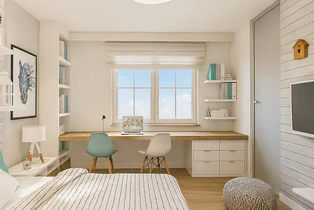 Pokój z biurkiem, białymi meblami i akcentami skandynawskimi, boho i minimalistycznymi.