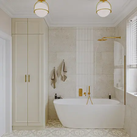 Nowoczesna łazienka w stylu art deco i eklektycznym z wanną i beżowymi akcentami.