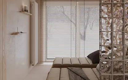 Minimalistyczne wnętrze z drewnianym łóżkiem i nowoczesnymi detalami.