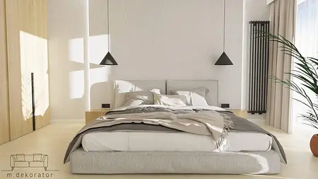 Wnętrze sypialni z minimalistycznym łóżkiem, nowoczesnymi lampami i jasnymi kolorami.