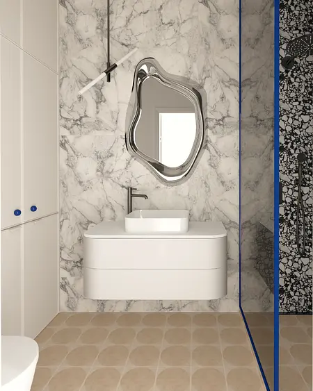 Nowoczesna łazienka z marmurowymi ścianami i elegancką umywalką