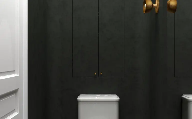 Toaleta z białą miską WC, szarymi ścianami i podłogą w stylu art deco, minimaluxe, quiet luxury.