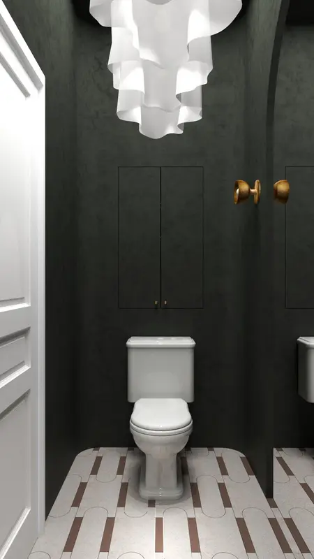 Toaleta z białą miską WC, szarymi ścianami i podłogą w stylu art deco, minimaluxe, quiet luxury.