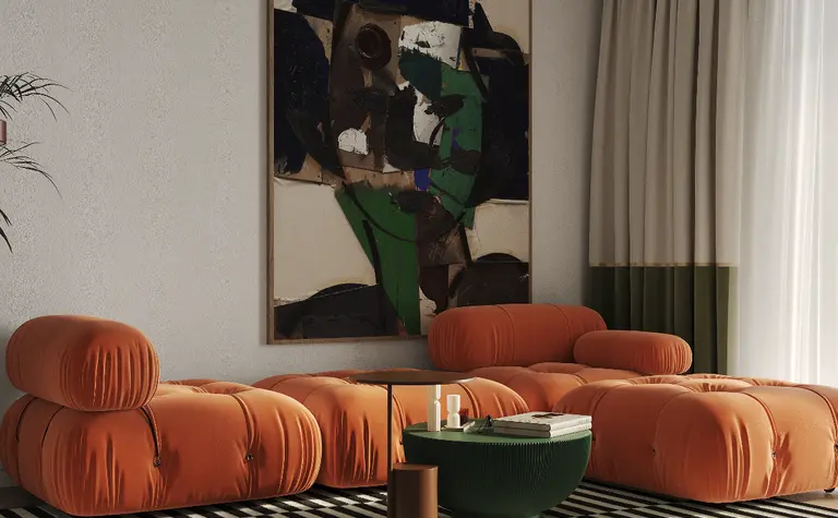 Wnętrze salonu w stylu art deco z pomarańczowymi meblami, dywanem w paski i nowoczesnym obrazem.