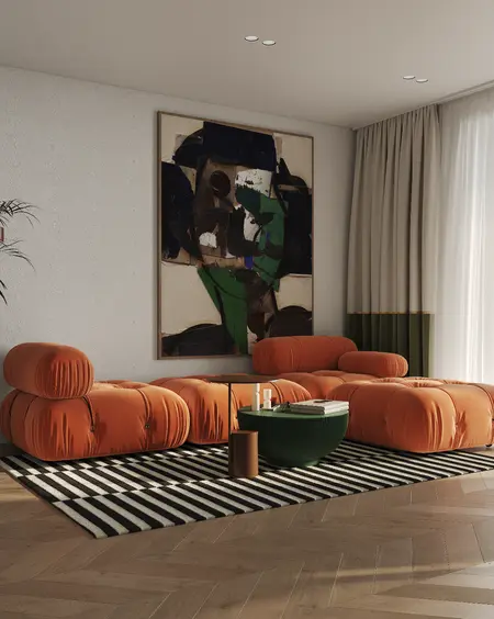 Wnętrze salonu w stylu art deco z pomarańczowymi meblami, dywanem w paski i nowoczesnym obrazem.