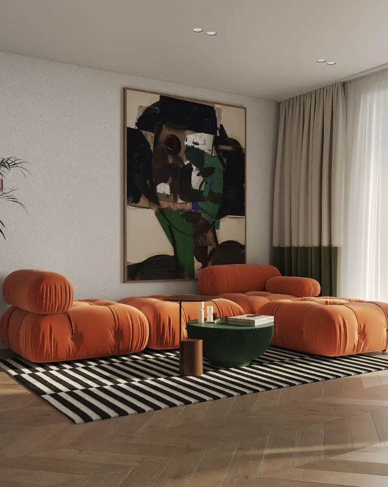Wnętrze salonu w stylu art deco z pomarańczowymi meblami, dywanem w paski i nowoczesnym obrazem.