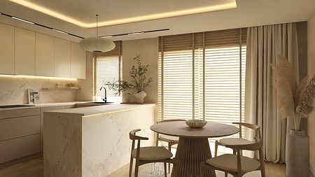 Kuchnia w stylu japandi z jasnymi meblami i drewnianym stołem