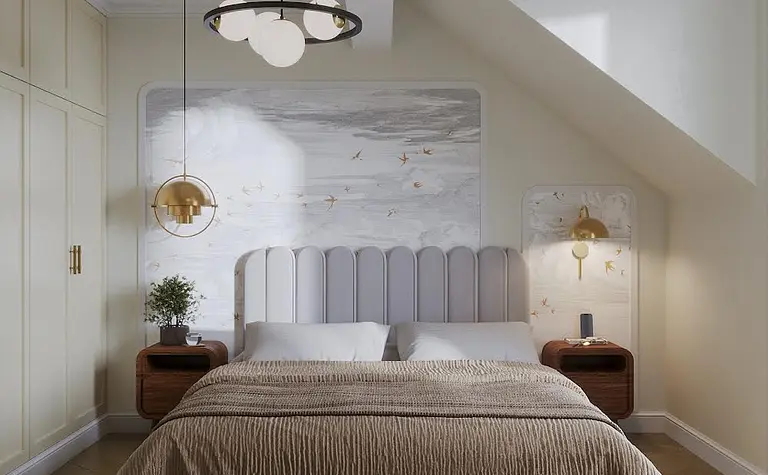 Sypialnia w stylu art deco i eklektycznym z beżowym łóżkiem.