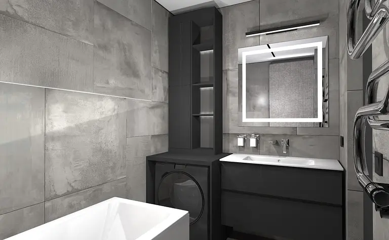 Nowoczesna łazienka z szarymi płytkami, czarnymi meblami, w stylu dopamine decor i industrialnym.