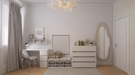 Wnętrze pokoju dziecięcego z białymi meblami i szarym dywanem, styl skandynawski.
