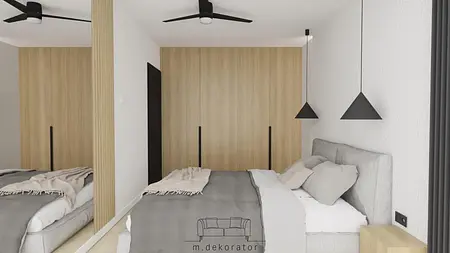 Sypialnia z minimalistycznym wystrojem, drewnianą ścianą, szarymi dodatkami i nowoczesnym oświetleniem.