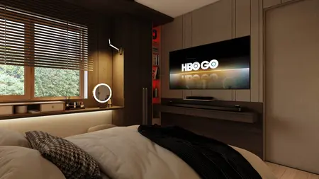 Wnętrze sypialni w stylu japandi, nowoczesnej i współczesnej, z drewnianą zabudową i telewizorem.