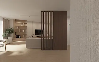 Nowoczesne wnętrze salonu w stylu japandi z drewnianymi akcentami.