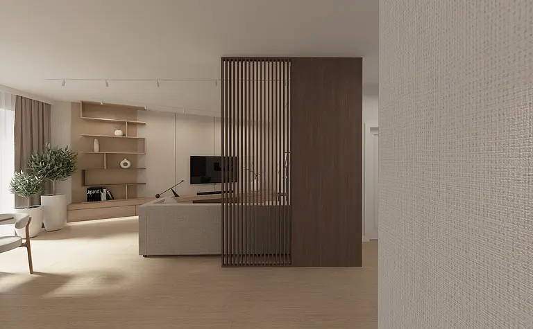 Nowoczesne wnętrze salonu w stylu japandi z drewnianymi akcentami.