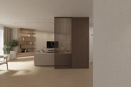 Nowoczesne wnętrze salonu w stylu japandi z drewnianymi akcentami.
