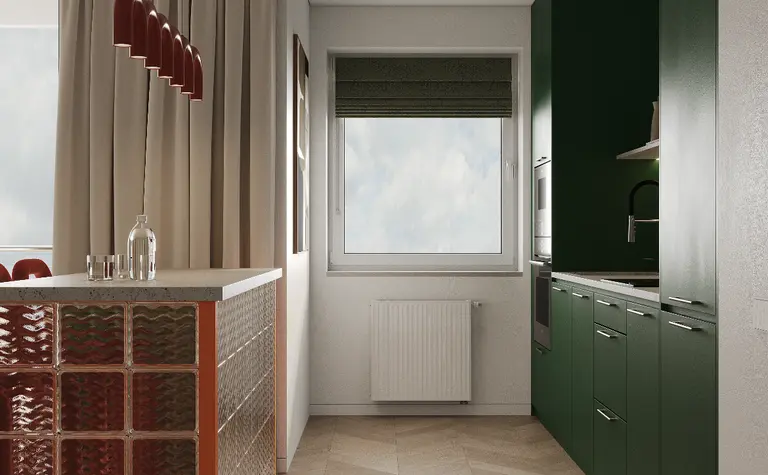 Kuchnia w stylu art deco z zielonymi meblami i glamour akcentami.