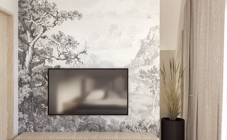 Wnętrze salonu z minimalistycznym wystrojem, boho i skandynawskim akcentem.