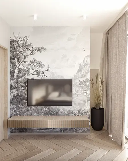Wnętrze salonu z minimalistycznym wystrojem, boho i skandynawskim akcentem.