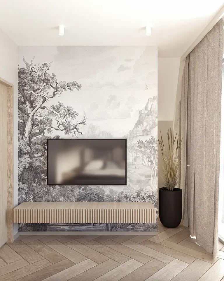 Wnętrze salonu z minimalistycznym wystrojem, boho i skandynawskim akcentem.