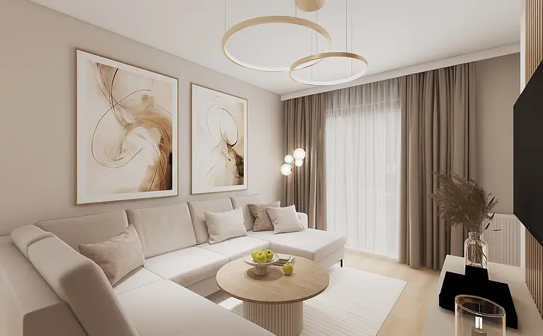 Wnętrze salonu w stylach glamour, japandi, minimaluxe, nowoczesnym, quiet luxury, współczesnym.