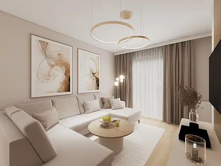 Wnętrze salonu w stylach glamour, japandi, minimaluxe, nowoczesnym, quiet luxury, współczesnym.