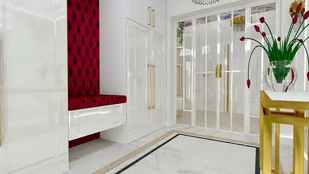 Przedpokój z czerwonymi ścianami, białymi meblami i złotymi akcentami, styl glamour.