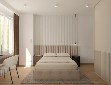 Minimalistyczna sypialnia z jasnym łóżkiem, biurkiem i dużymi oknami
