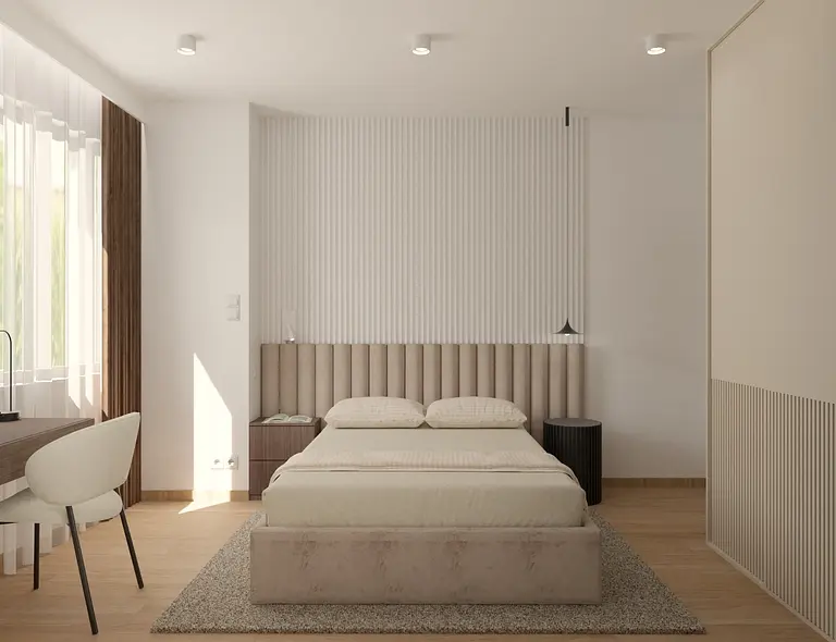 Minimalistyczna sypialnia z jasnym łóżkiem, biurkiem i dużymi oknami