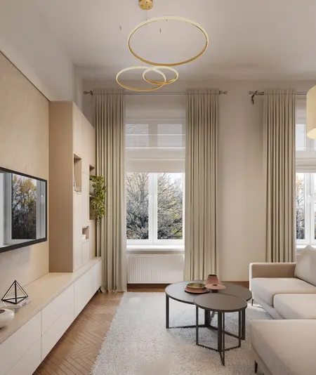 Wnętrze salonu w stylu art deco, glamour, soft minimalizm i tradycyjnym.