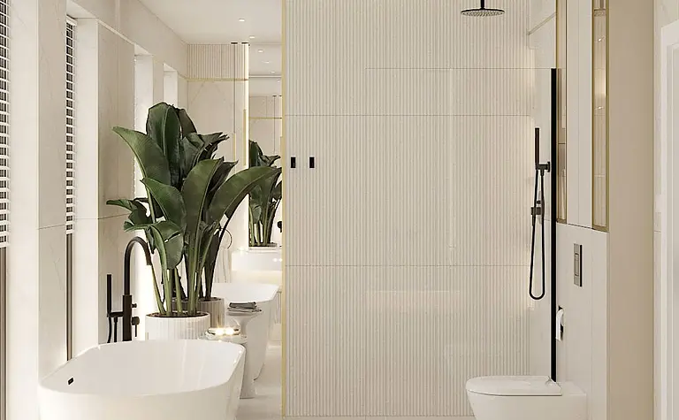 Nowoczesna łazienka z wanną, roślinami i eleganckimi akcentami art deco i glamour.