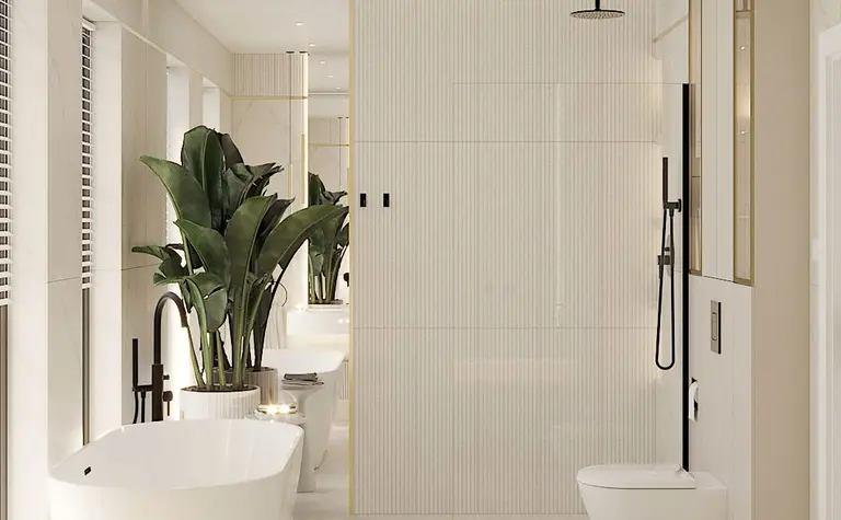 Nowoczesna łazienka z wanną, roślinami i eleganckimi akcentami art deco i glamour.