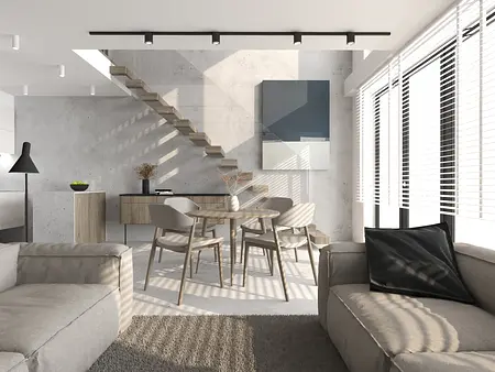 Wnętrze w stylu industrialnym z minimalistycznymi meblami i jasnymi ścianami.