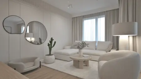 Wnętrze salonu w stylu boho i japandi z jasnymi meblami