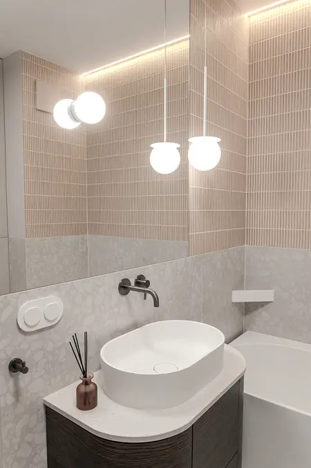 Nowoczesna łazienka w stylu art deco, boho i eklektycznym z białą umywalką